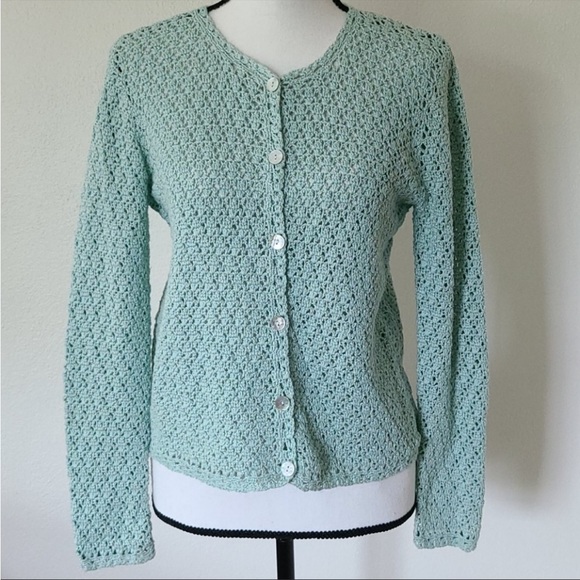 L.L. Bean Sweaters - Ll Bean mint/turquoise green crochet cardigan shell buttons Sz S